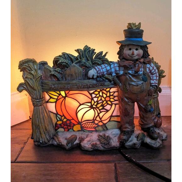Stained Glass Lamp Light Harvest Welcome Scarecrow Autumn Fall Home Decor Vtg - Picture 2 of 9